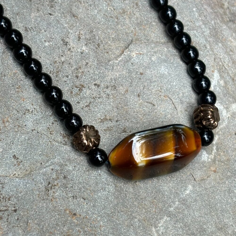 Tigers Eye Stone Black and Gold Long Beaded Necklace